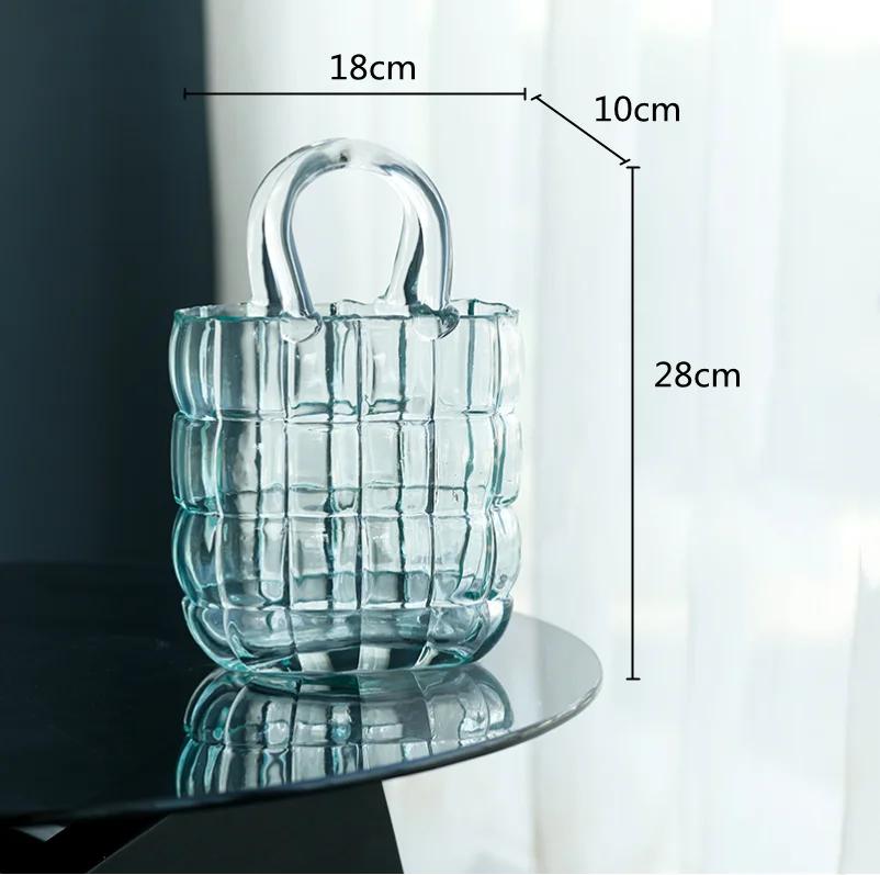 Clear Glass Vase Bag Handbag Basket Transparent Terrarium Flower Vase Floral Arrangement Accessories Living Room Decoration