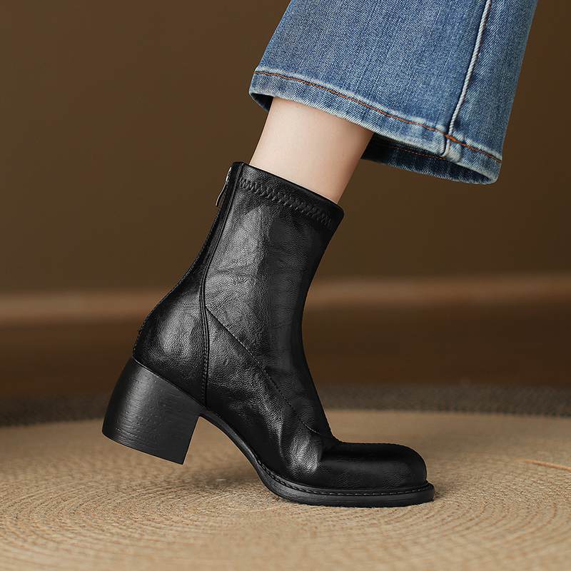 Krazing Po Microfiber Winter Round Toe Size 33 Western Boots Size 43 Zipper Thick High Heels Pleated Decoration Ankle Boots