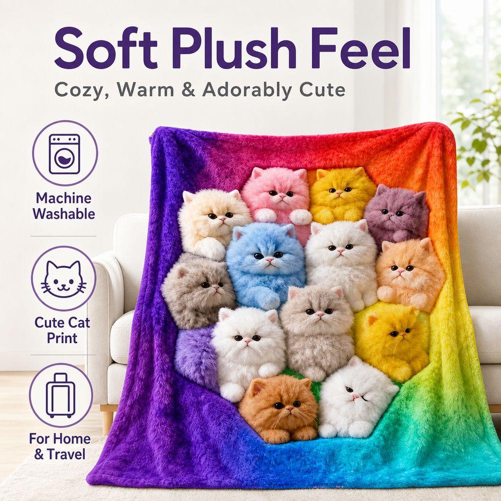 150x130cm Plush Blanket Rainbow Gradient Nap Blanket Cat Print Blanket for Kids Room Home Travel
