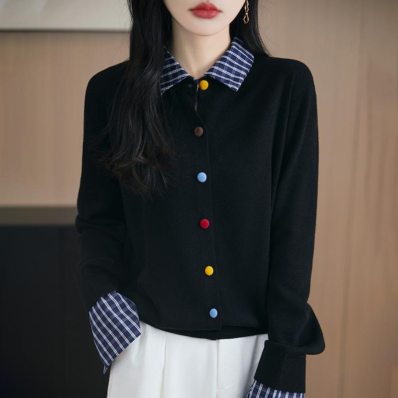 Spring New Checkered Lapel Knitted Cardigan with Colorful Buttons, Loose and Versatile Top Coat