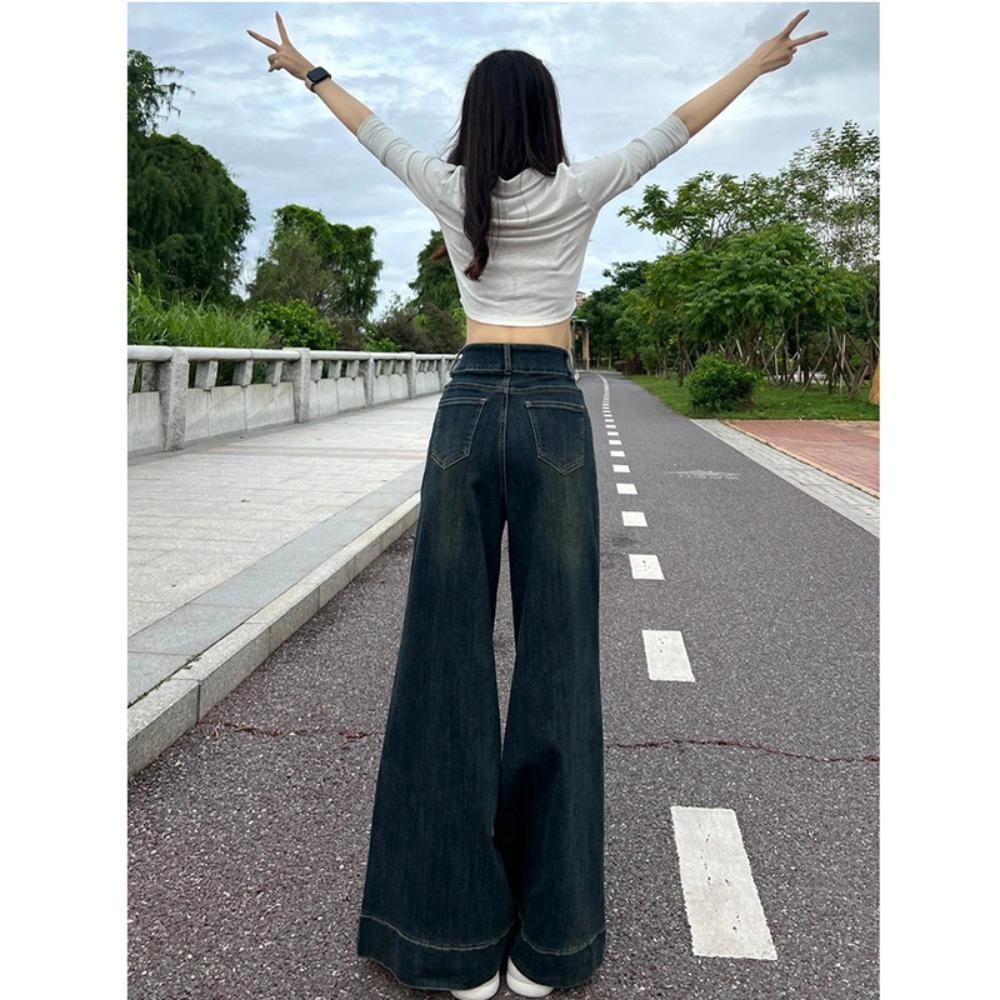 American Retro Wide-leg Jeans Women's Spring and Autumn New Floor-mopping Pants High-waisted Double-buckle Wide-leg Jeans Tide