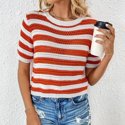 New Spring/Summer Women's Pullover Striped T-Shirt Fashion Short Sleeve Women's Crew Neck Patchwork Knit