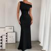 Women’s Casual Asymmetrical Shoulder Ruched Sleeveless Maxi Dress Elegant Fitted Long Dress for Everyday and Evening Wear