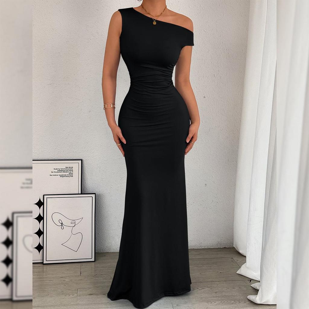 Women’s Casual Asymmetrical Shoulder Ruched Sleeveless Maxi Dress Elegant Fitted Long Dress for Everyday and Evening Wear