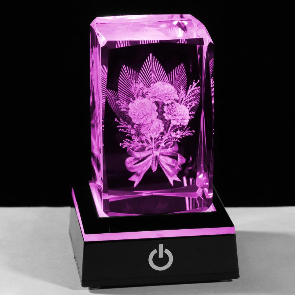 Birthday Day Popular Mother Wife Present K9 Crystal Carnation Bouquet LED Light Base USB Charging Figurine Gift for Mother Stylish Glass Figurine Home