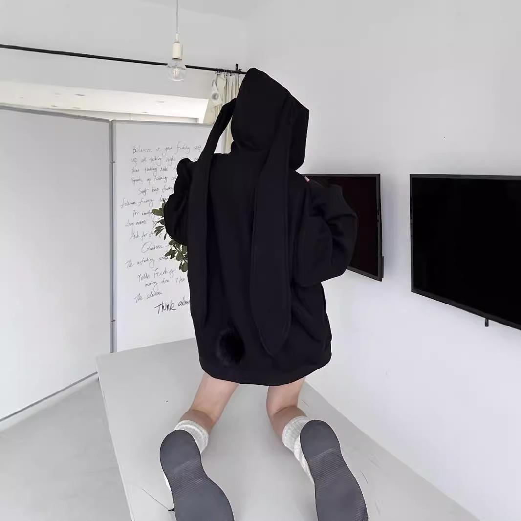 

Женская симпатичная куртка на молнии с капюшоном и заячьими ушками - свободный универсальный кардиган-свитер на осень/зиму XXL