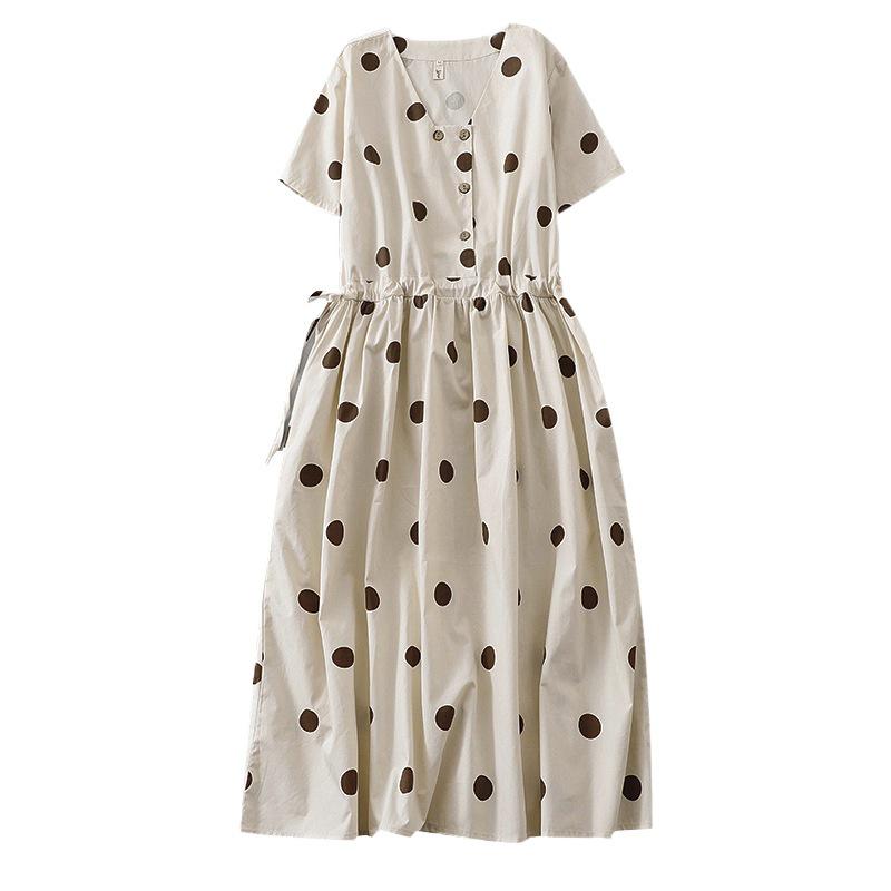 Retro Tupfen Baumwollleinen V-Ausschnitt Kleid für Damen