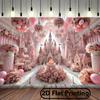 2D Flat Design, 1 Piece of Dreamy Pink Castle Birthday Background Banner - Charming Polyester Fabric Wall Covering, Yzb