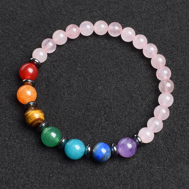 

7 Chakra Bracelet Natural Gem Stone Beads Bangle Women Crystal Healing Anxiety Jewellery Mandala Yoga Meditation Bracelets Gift 17cm розовый кварц