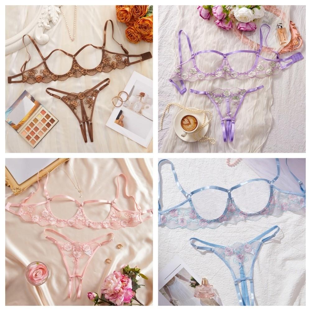 Lace Lingerie Suit Chest Support Bra Briefs Set T-back Perspective Lingerie Valentine's Day