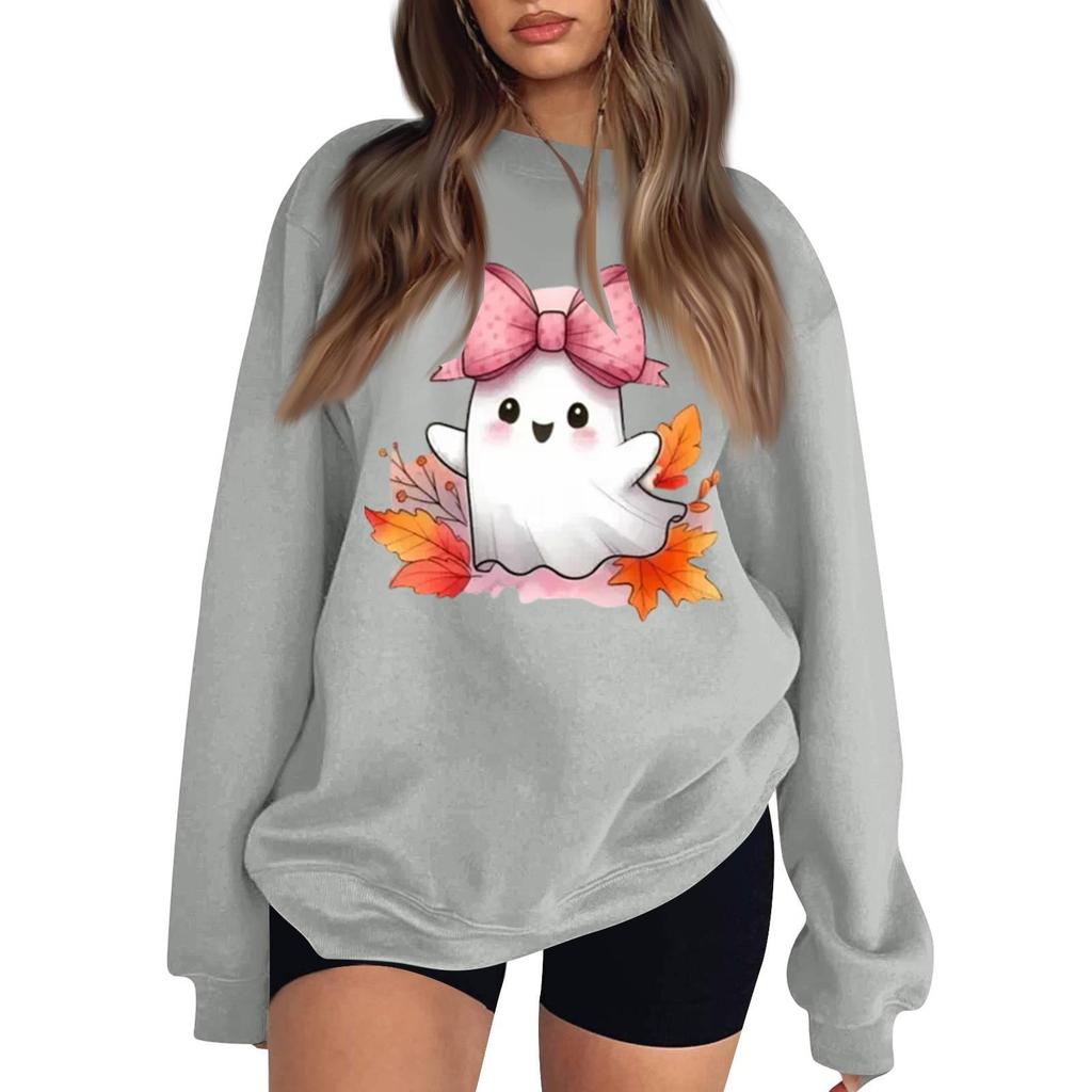 Women's Comfortable Round Neck Long Sleeve Sweatshirt Loose Fit Casual with Color and Halloween Print