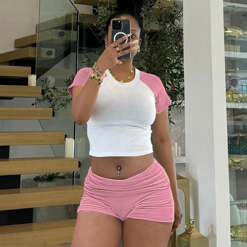 Versatile European-American Raglan Color-Block Sports Set: Comfortable Short-Sleeved Top, Solid Color Shorts, and Headband
