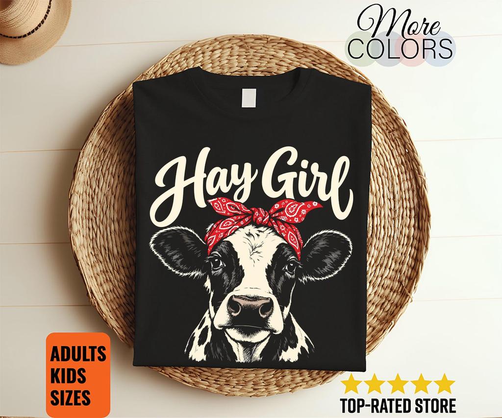 Hay Girl Shirt, Funny Cow Lover Gift, Red Bandana Bow Tee, Dairy Cattle Graphic, Country Woman Birthday, Farm Life, Southern Farmhouse Style