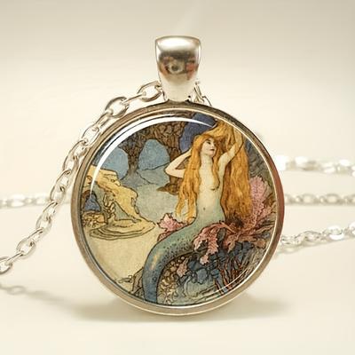 Vintage Mermaid Convex Circular Pendant Necklace, Personalized Neck Jewelry Gift for Women
