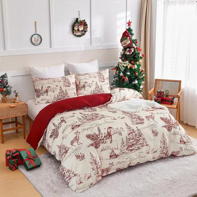 3-Piece Set Of Red Countryside Christmas Bedding, Holiday Decoration Soft Microfiber Duvet Cover And 2 Zippered Pillowcases