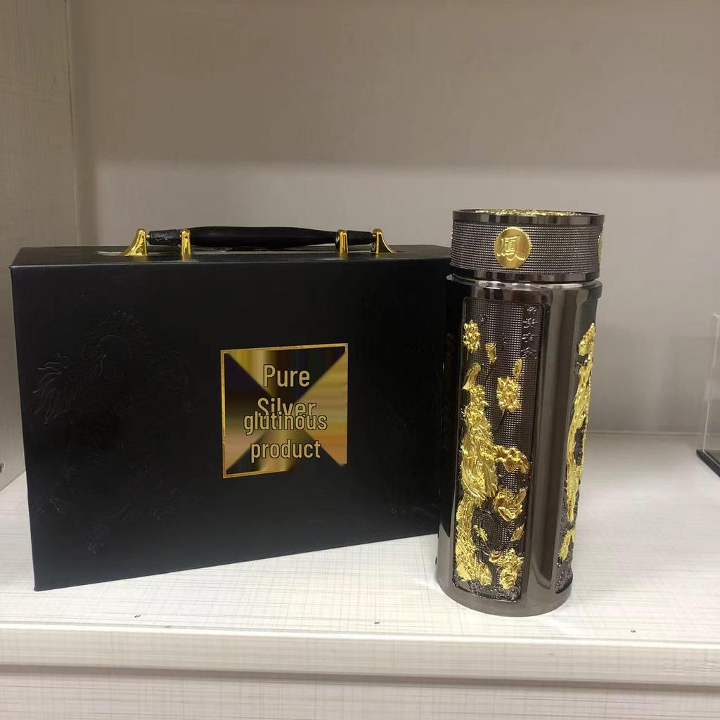 Reinsilber 9999 Thermalwasserbecher - Neun Drachen, Hundert Segnungen, Drachen & Phönix Design