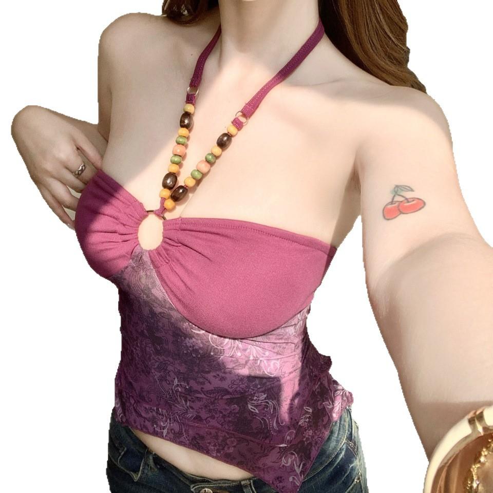 #Sommer neues Spice Girl Stil unregelmäßiges Spleiß-Hals-Westen-Oberteil für Damen, schlankes Einteiler-Top mit Brustpolster