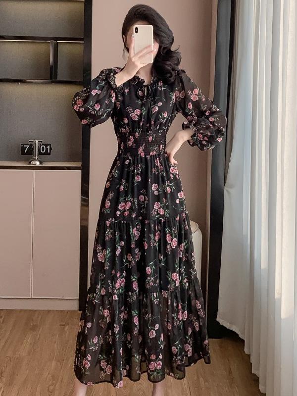Korean Style Floral Ruffled Dress - Sweet Vacation, Waist-Cinching, Long Frilly Edge Design