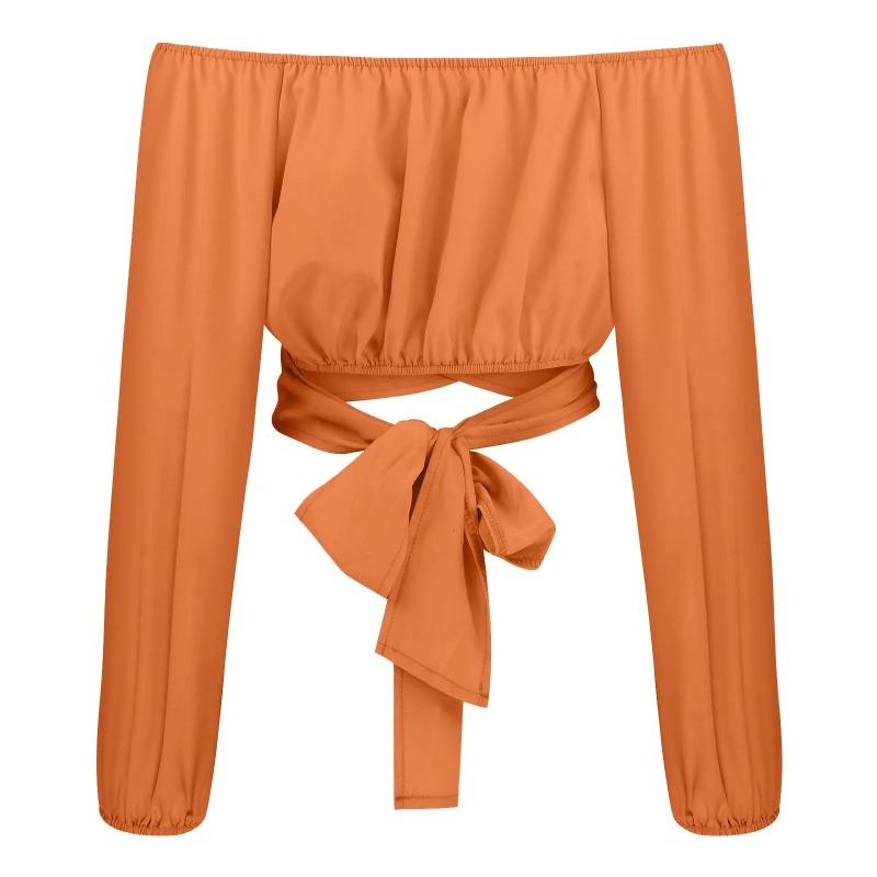 

Women Sexy Off Shoulder Blouse Chic and Elegant Printing Lantern Long Sleeve Lace Up Bow Cropped Tops Casual Slim Shirts XXL