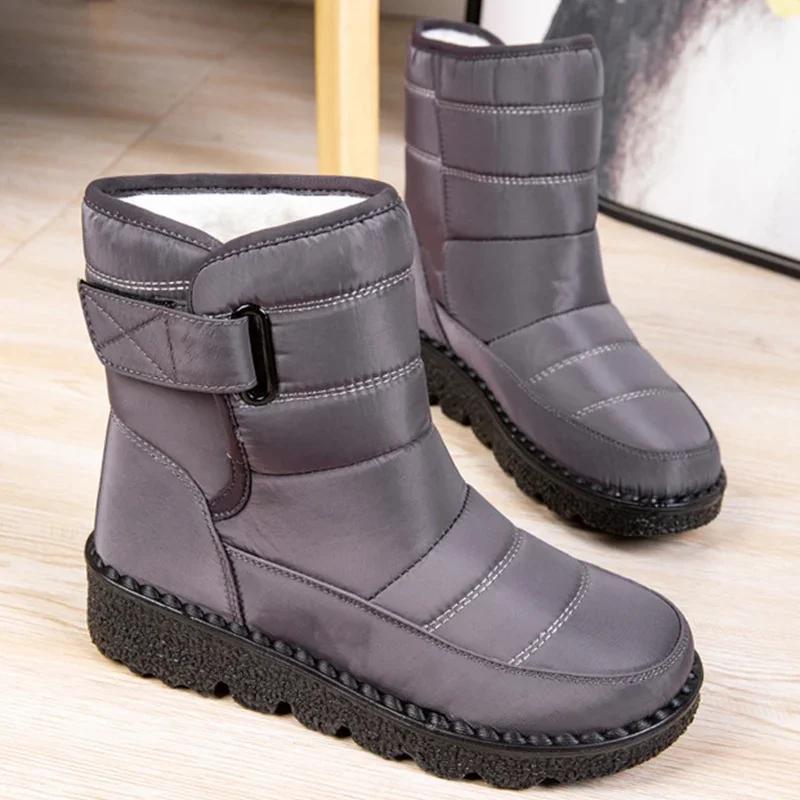 Fashion Snow Boots for Women's Thicken Plush Cotton Boots Winter Thick Platform Waterproof Warm Booties Hook Loop Plus Size Ladies Shoes