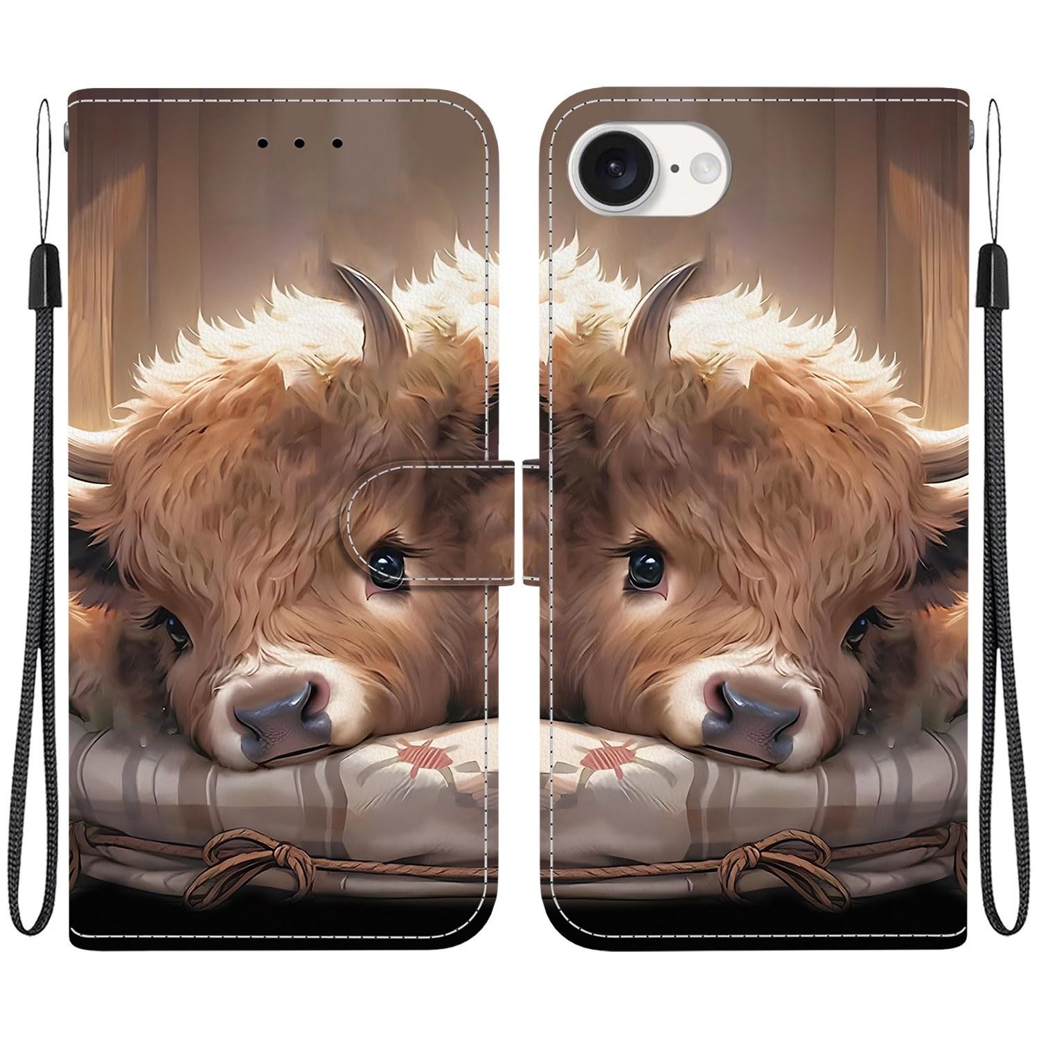 

For iPhone 16e Leather Case Stand Wallet Pattern Printing Phone Cover with Wrist Strap