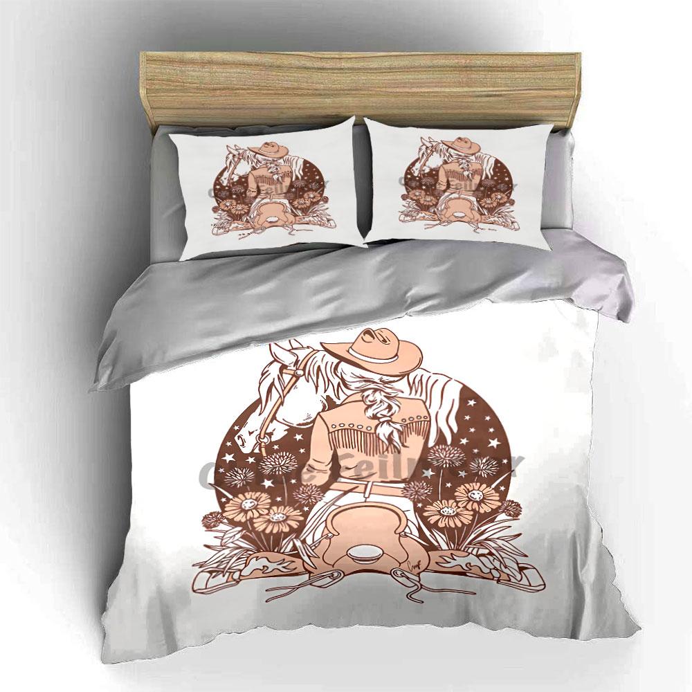 Cowgirl and Horse Floral Design Bedding Duvet Cover Set Duvet Cover Pillowcases (1*Duvet Cover 2*Pillowcases, Without Duvet Insert)