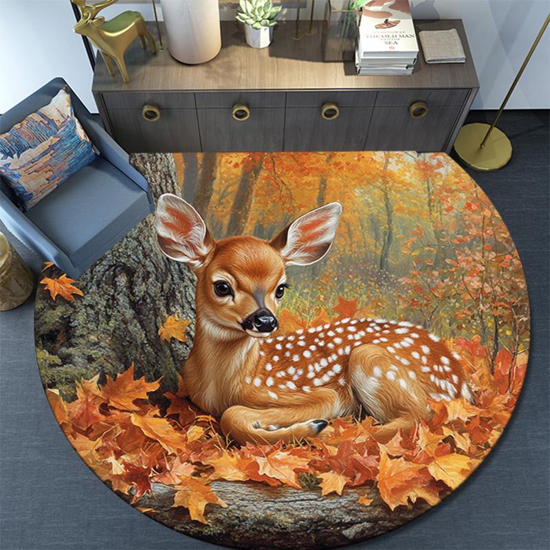 Autumnal Fawn Round Area Rug,Carpet Rug for Living Room Bedroom Sofa Playroom Decor,Non-slip Floor Mat