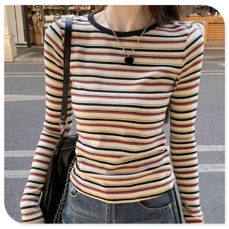 Women Vintage Color Block Striped Crew Neck Long Sleeve Slim Fit Casual T Shirt Top