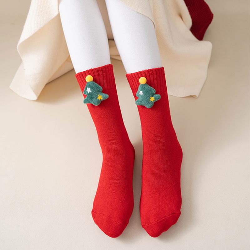 Female Autumn and Winter Hair Circle Christmas Three Dimensional Cartoon Cute Accessories This Year Red Tube Cotton Socks