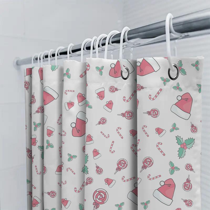 Christmas Candy Cane Santa Hat Printed Shower Curtain for Bathroom Decor Waterproof Fabric with Hooks (White)