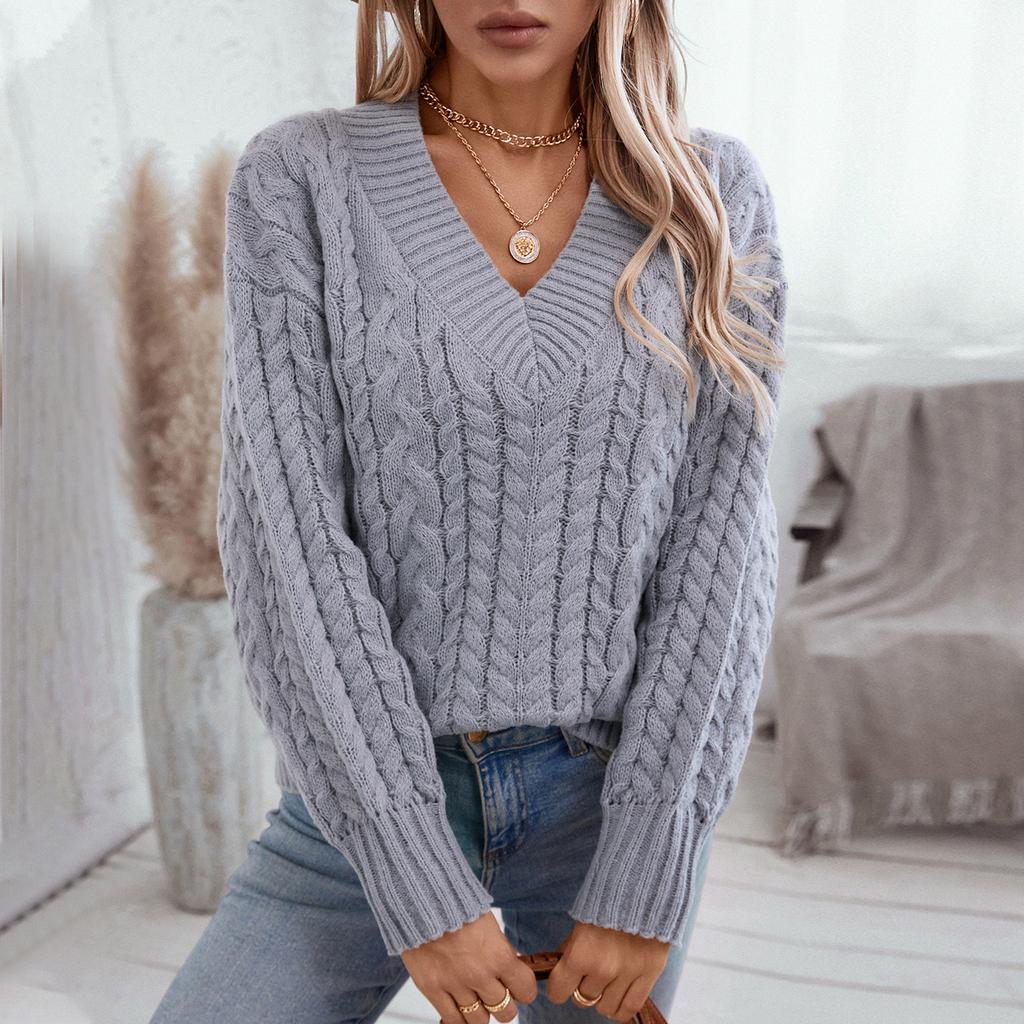 Pulovere tricotate pentru femei, de toamnă și de iarnă, lejere, cu guler în V, cu mânecă lungă, în culori solide, europene și americane, pentru femei