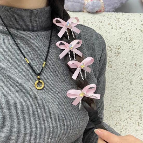2Pcs Hairpin Soft Ribbon Bowknot Decor Smooth Edges No Hair Pulling Rhinestone Bow Chain Tassels Hair Clip Kids Hair Accessories