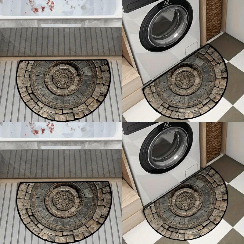 1Pcs Retro Stone and Wood Grain Half Round Door Mat 2D Flat Non Slip Machine Washable Floor Rug for Entryway Living Room Decor