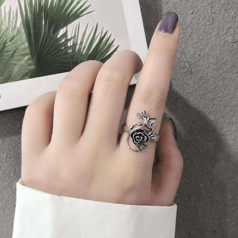 Versatile Retro Hollow Forest Rose Flower Ring: Women's Fashionable Thai Silver Alloy Band