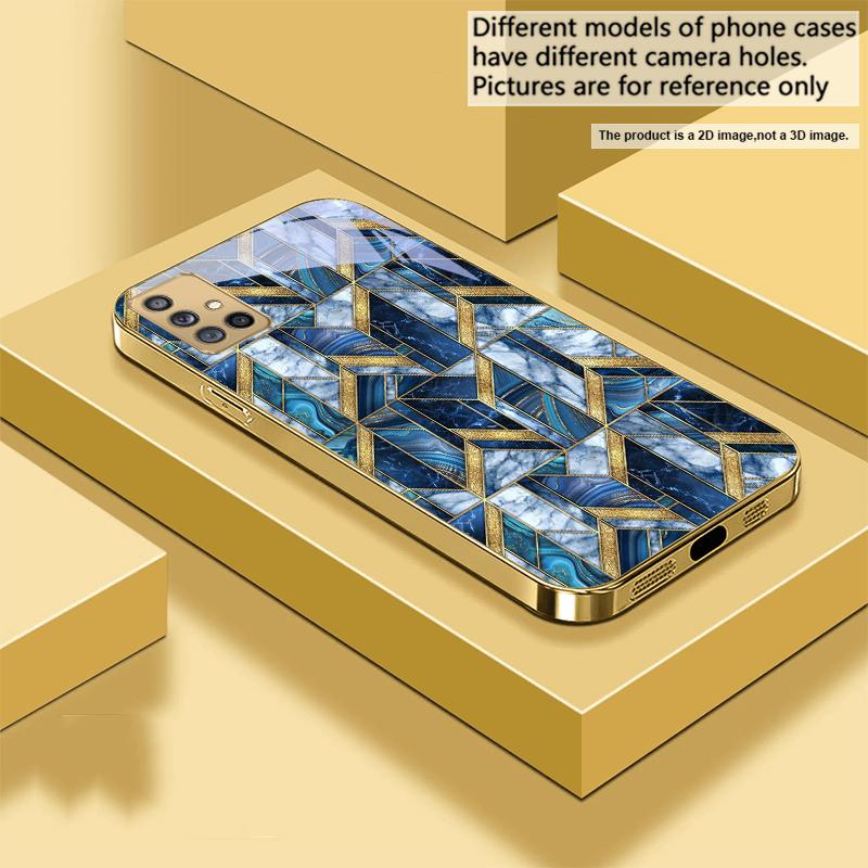 Textura de mármol azul Para Samsung A 01 52S A04 A05S A10 A12 A13 22 23 24 36 42 M02 Note 10 20Ultra 8 9 Funda de teléfono de cristal dorado