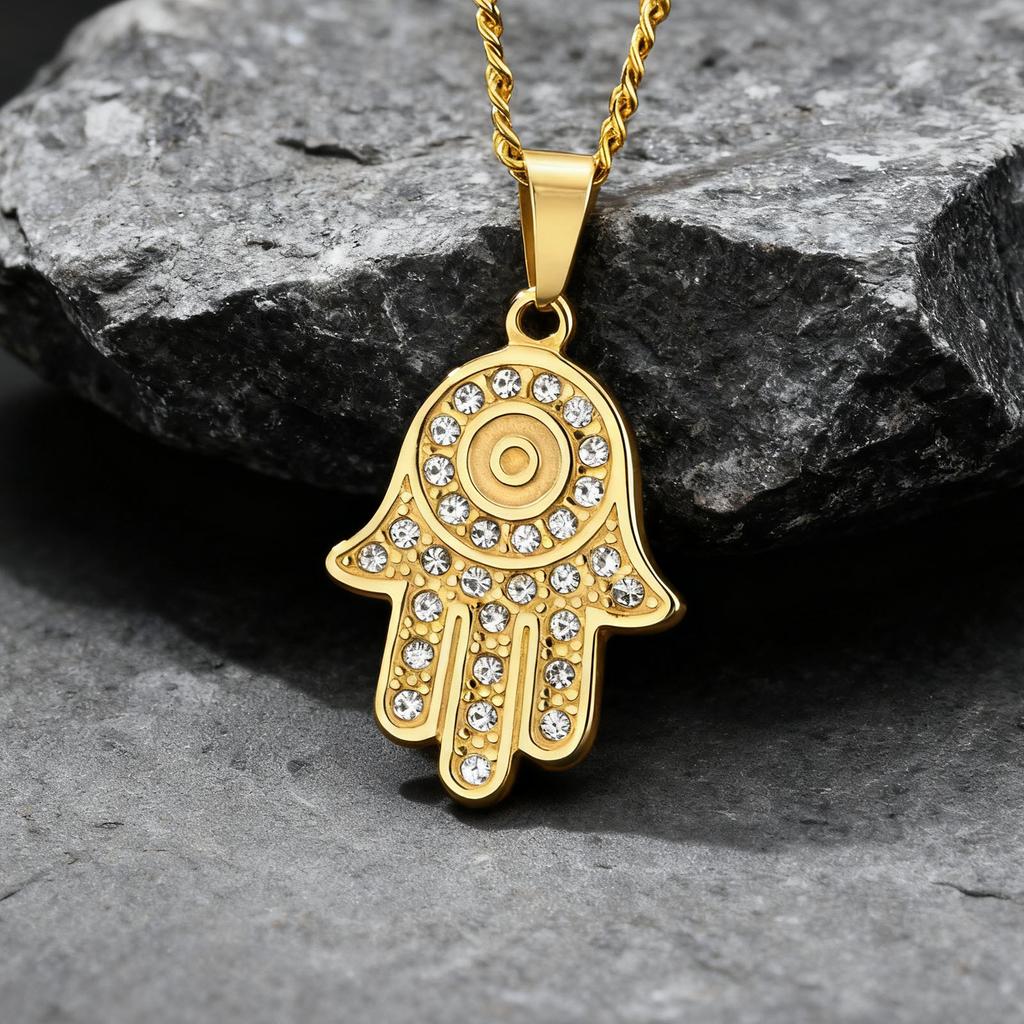 The Hand of Fatima Zircon Necklace for Men,Gold Color Evil Eye Stainless Steel Pendant,Turkish Jewelry Gift