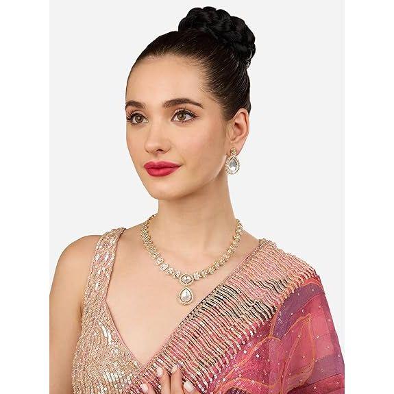 Gold Tone Dazzling Stones Austrian Diamonds Embellished Necklace & Earring Set For Women