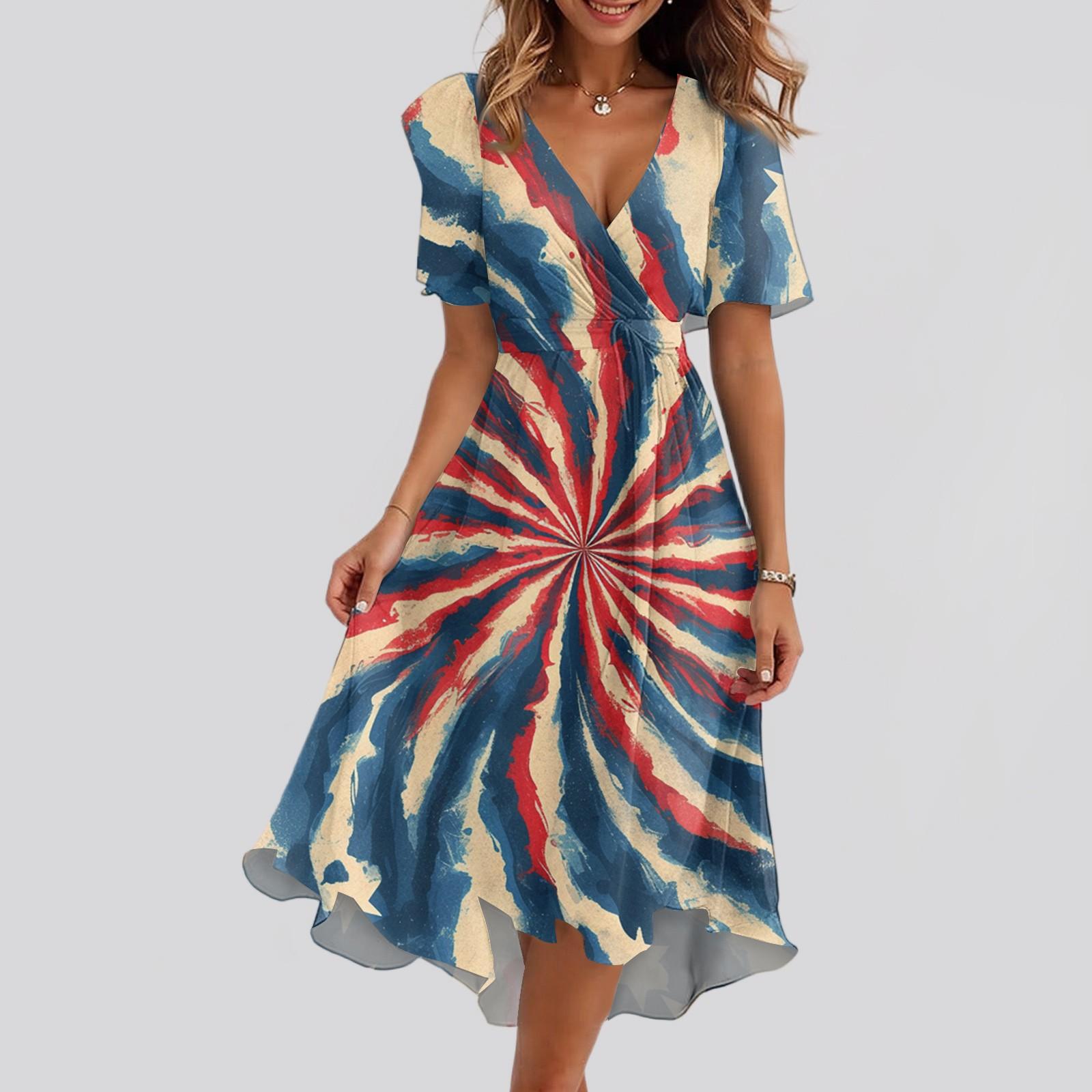 

Женское свободное повседневное платье с V-образным вырезом, расклешенная юбка, короткие рукава, напечатанное платье с принтом XXL