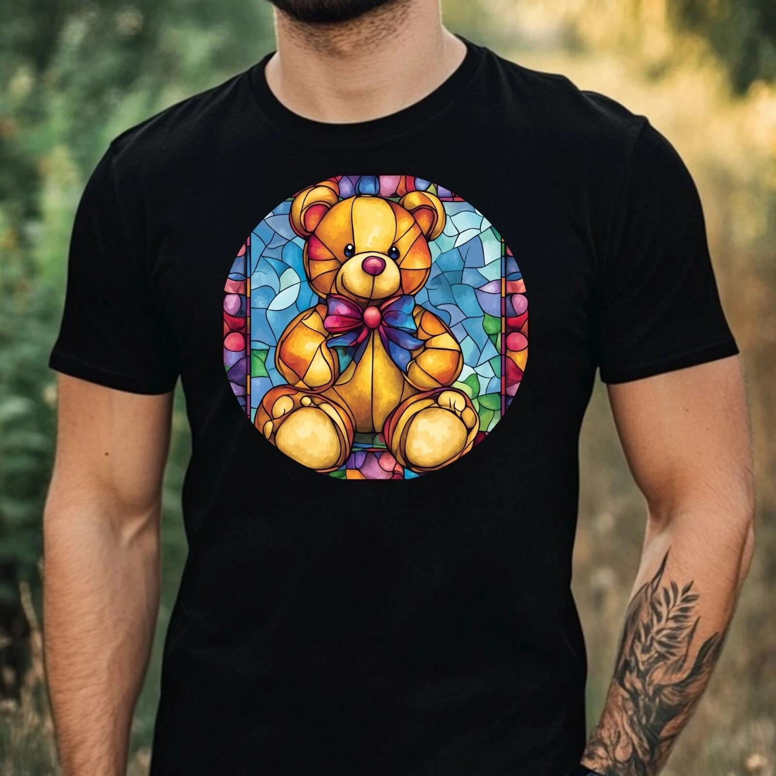 T-Shirt Herren Teddybär Buntglas Motiv Baumwolle Größe XS bis 5XL XXXXL