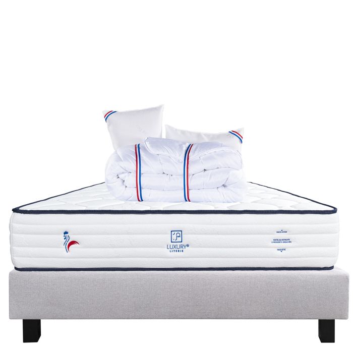 Ensemble Matelas 140x190 cm, Patriote, 27 cm, ressorts ensachés, ferme, face été/hiver + sommier gris ep20cm + 2 oreillers + couette