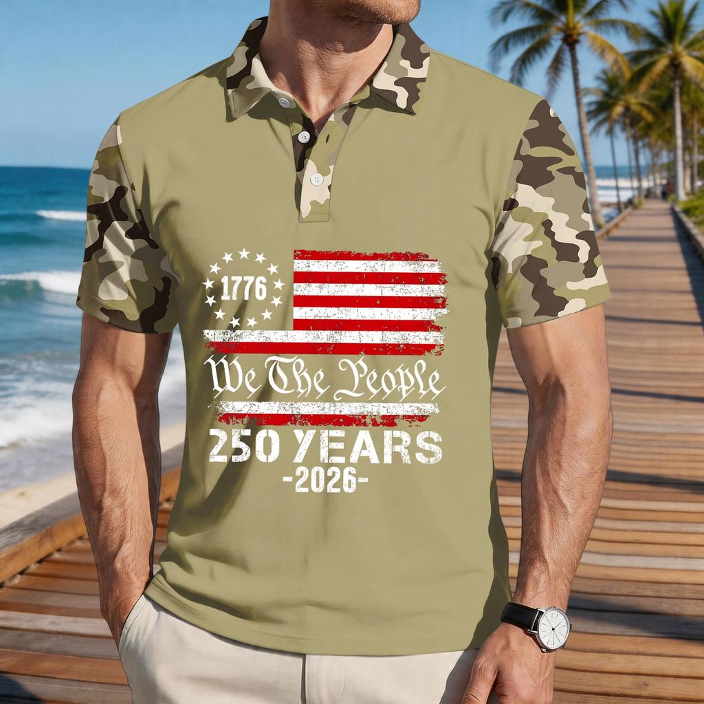 Men's Loose Fit Casual Short Sleeve Polo Shirt with Digital Camouflage Sleeves and Printed Flag Graphic 250 Years Commemorative Design
