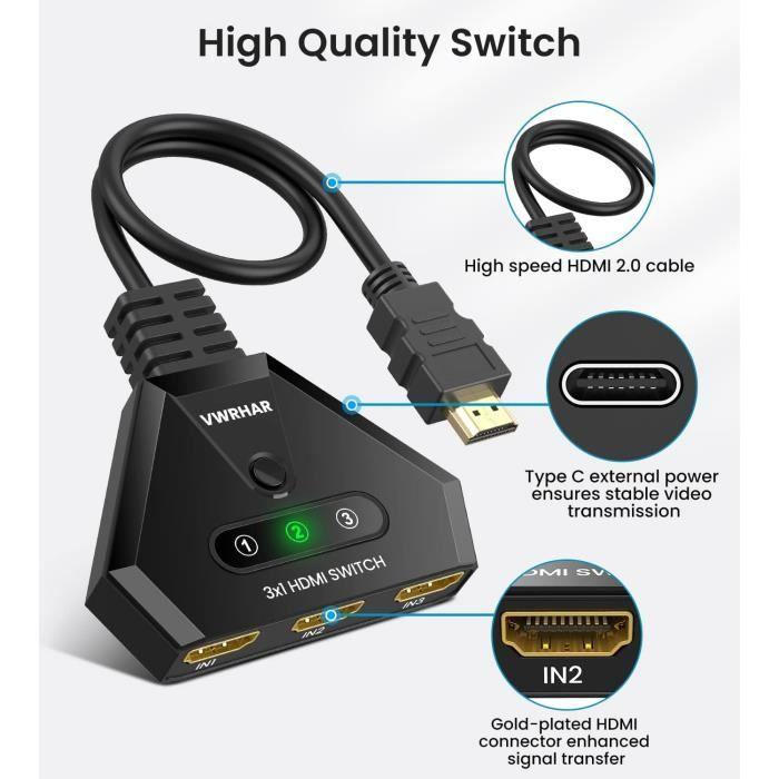 Commutateur HDMI 4K - GENERIC - 3 Entrées 1 Sortie - True 4K - 18 Gbit/s - Plug and Play