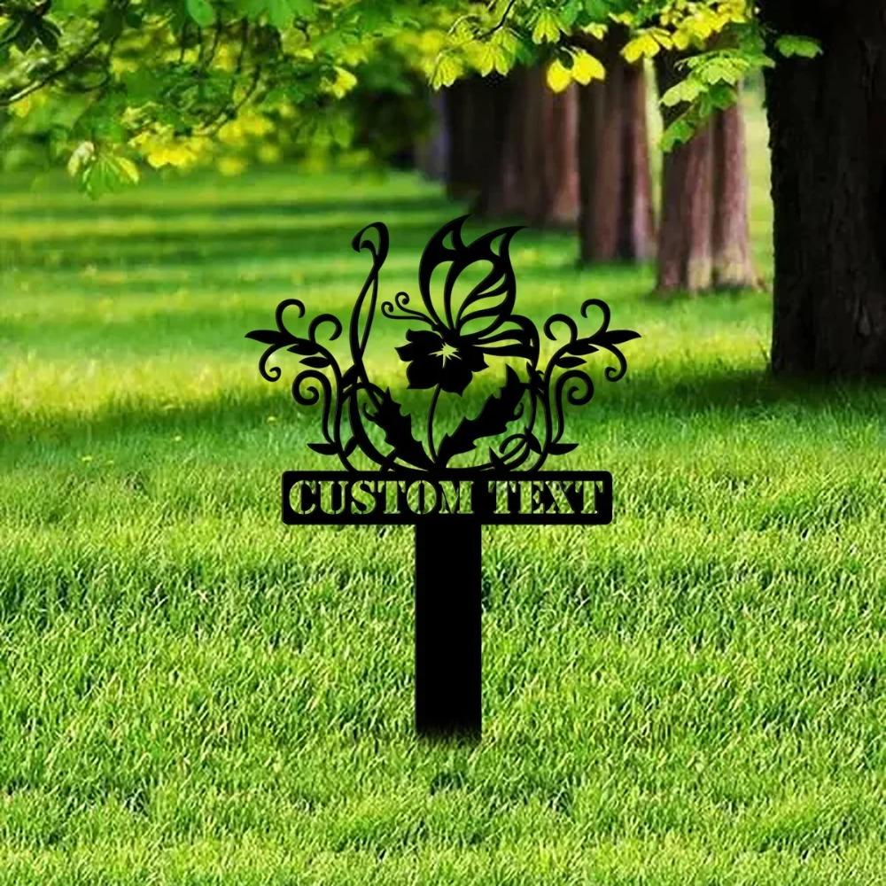 Butterfly Flower Metal Sign Garden Decor with Stake Personalized Yard Art Outdoor Wall Decor