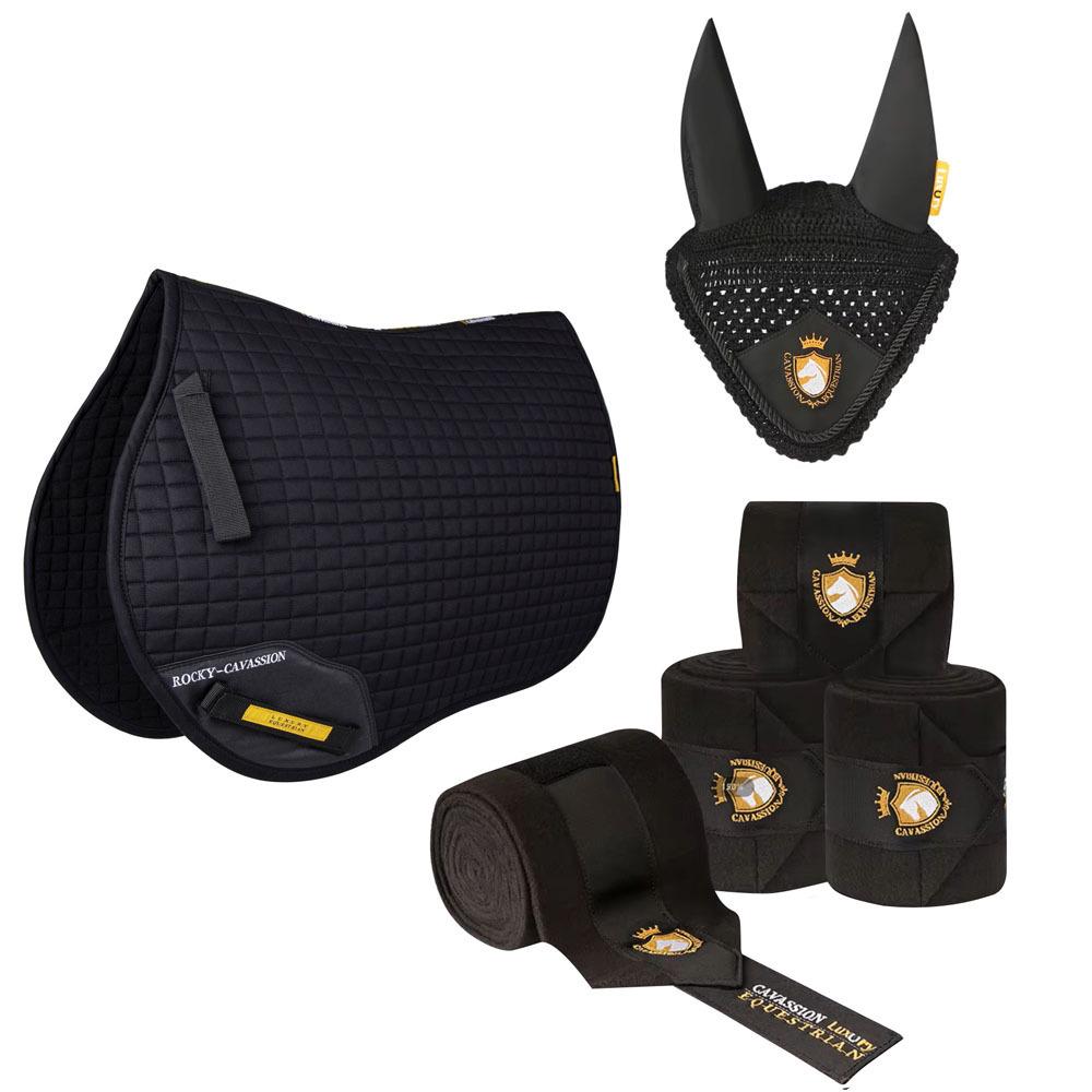 Six-Piece Equestrian Set: Ear Covers, Saddle Pads, Leg Wraps, Halters, Lead Ropes, and Matching Tack