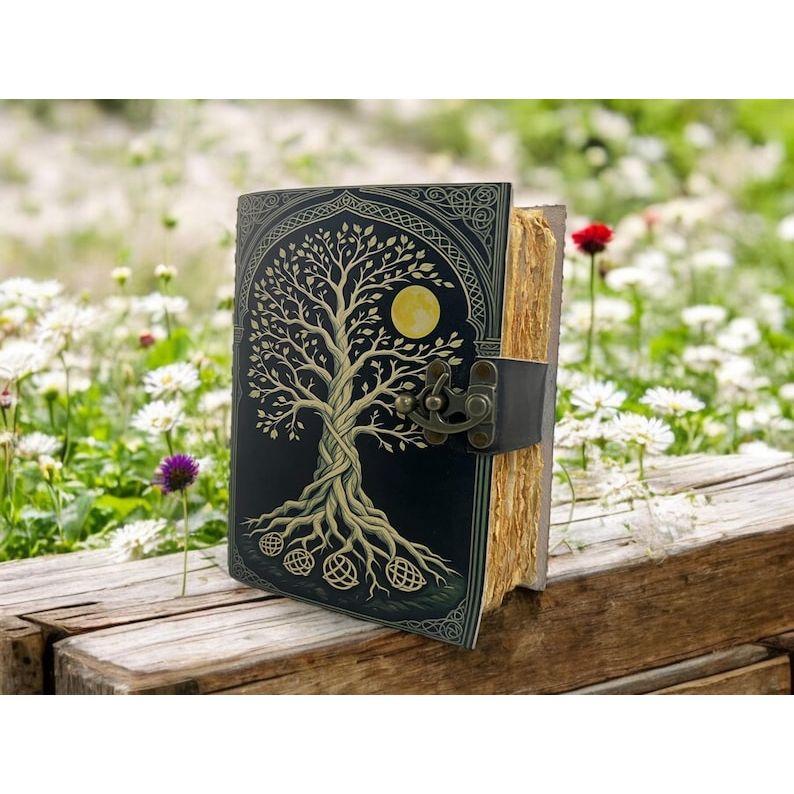 Tree of Life Grimoire Handmade leather journal Notebook Blank spell book of shadows Leather Celestial Gifts For Him Her