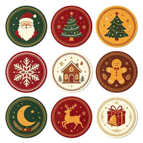 Christmas Wooden Coasters 9Pcs Set, Heat Resistant Cup Mats, Waterproof Non Slip Drink Round Table Protection Mats for Home Office Desk Accessories