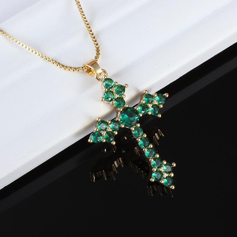 Fashionable and Exquisite Red Green Crystal Zirconia Cross Pendant Necklace for Ladies Elegant Party Christmas Gift
