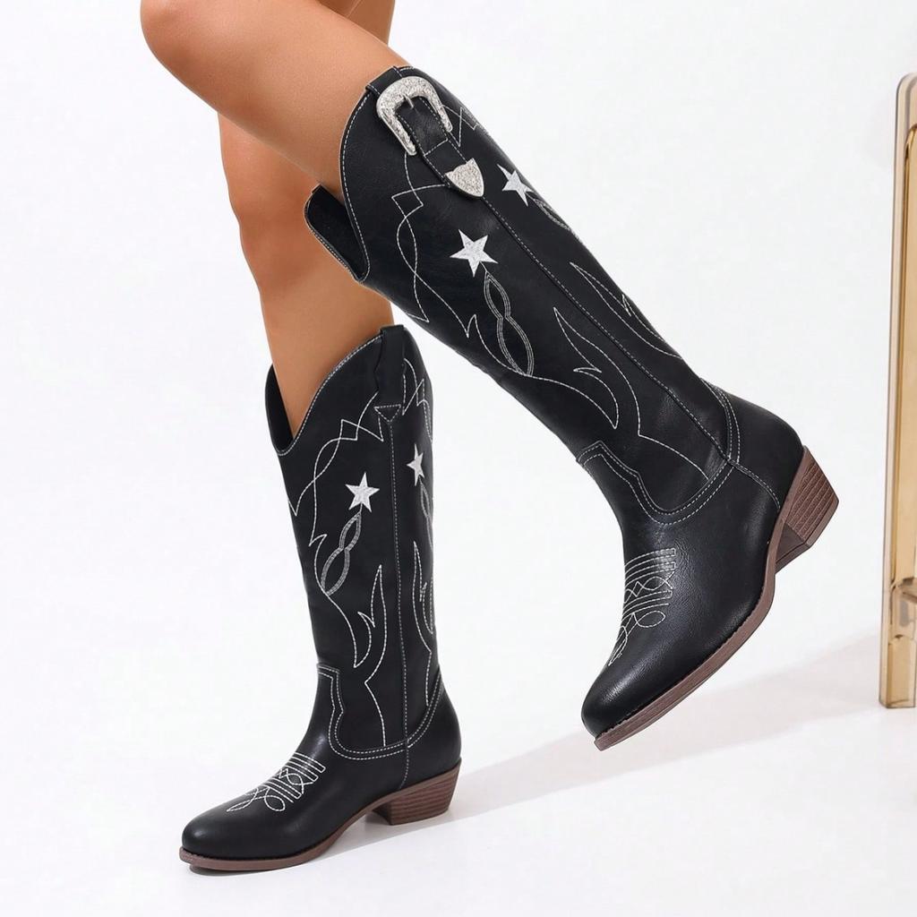 Fashion Plus Size Embroidered Tutch Knight Boots Women's High Top Fashionable Versatile New Style European And American Women's Footwear