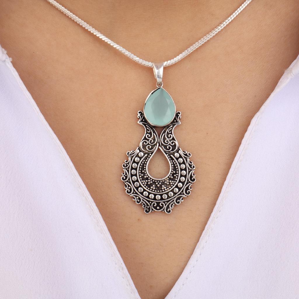Aqua Chalcedony Gemstone 925 Sterling Silver Jewelry Partywear Pendant 1.8" For Women CP-45-20