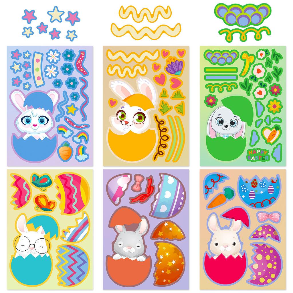 6 Pictures/pack Easter Cartoon Rabbit Easter Egg Stickers EasterDay Easter Egg Rabbit Children DIY Puzzle